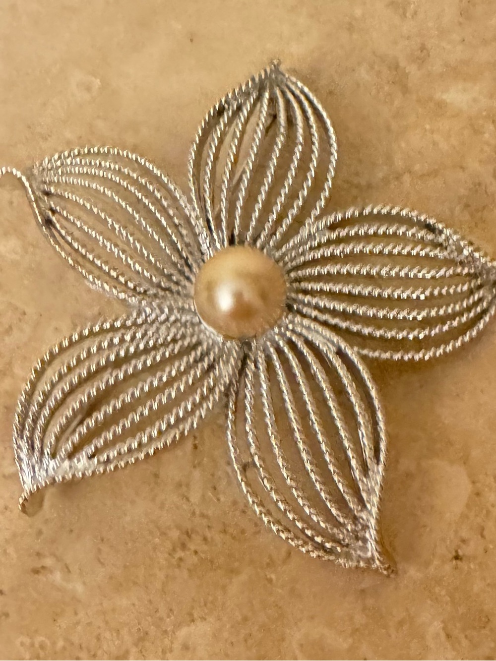 Vintage Sarah Coventry Floral Silver Tone Faux Pearl Center Brooch -